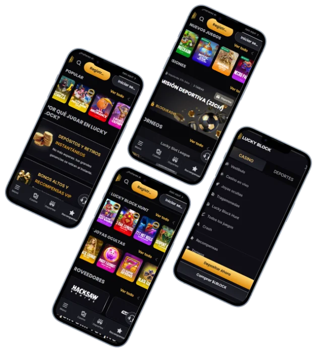 Lucky Block Casino aplicación móvil en varias pantallas Lucky Block Casino aplicación móvil con varias pantallas del casino y apuestas deportivas